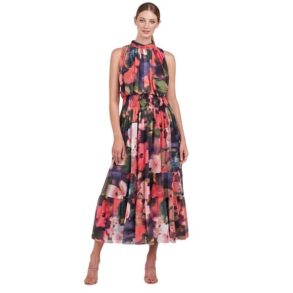 Kay Unger Leilani Hibiscus Print Blouson Maxi $388 Dress in Bright Coral Size 8 - Picture 1 of 8